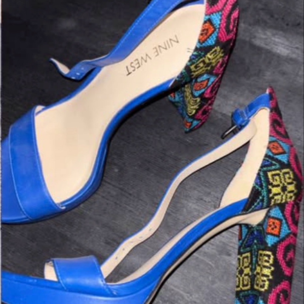 Nine West Blue Multicolor Embroidered Heel Sandals